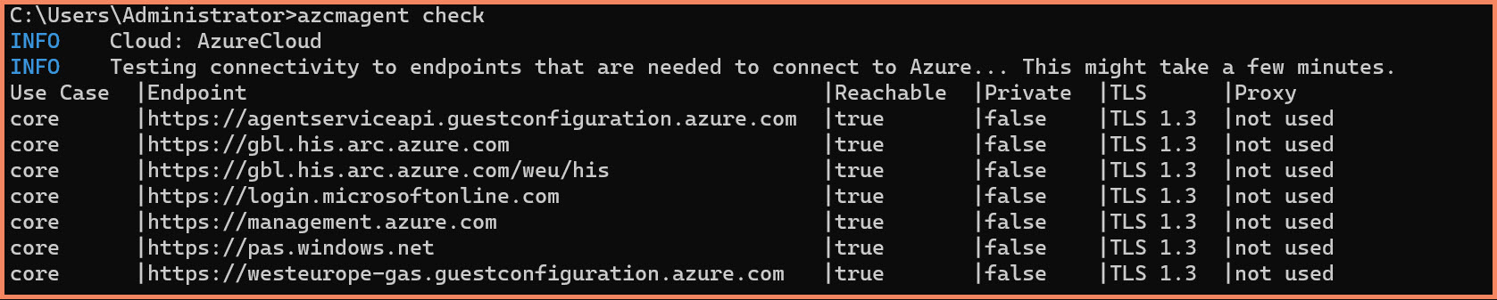 PowerShell window showing azcmagent check command output with connectivity test results