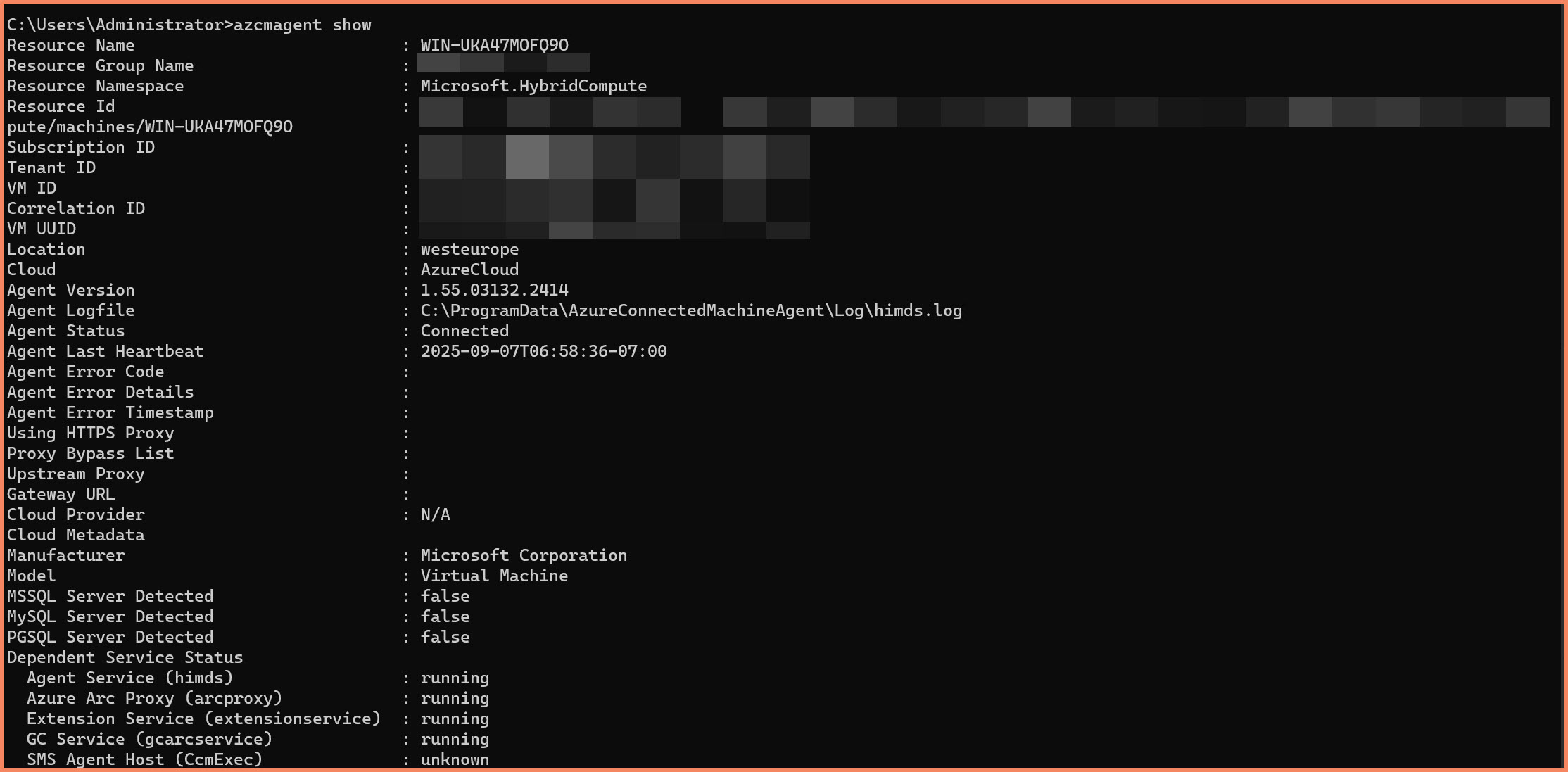 PowerShell window showing azcmagent show command output with connection details