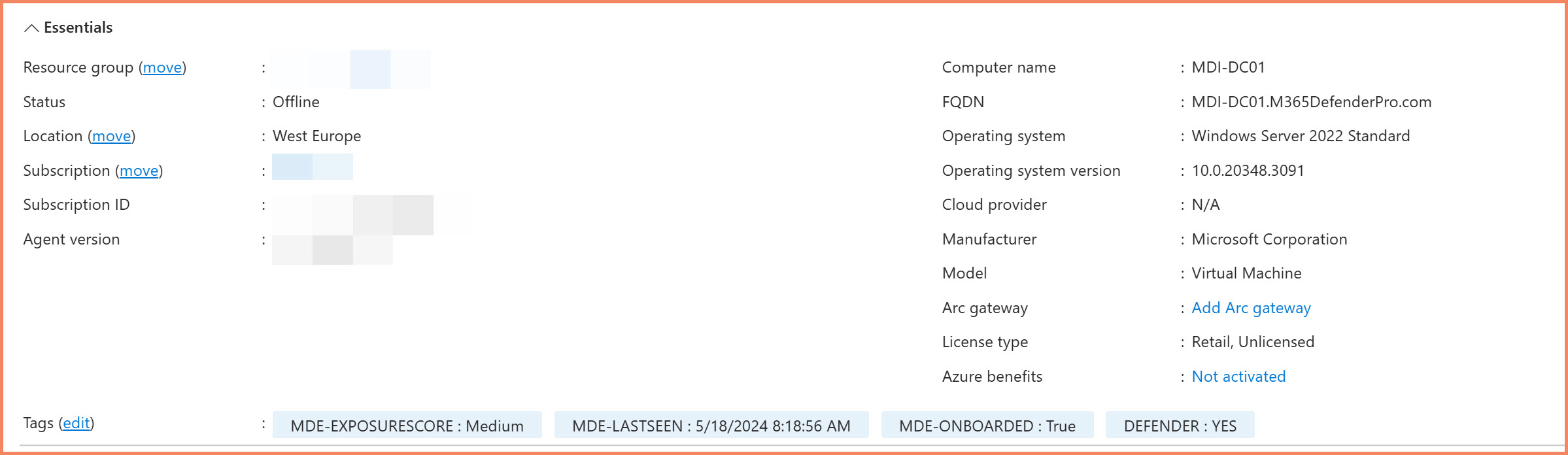 Azure portal showing Arc server with automated Defender tags including exposure score, last seen, and onboarding status