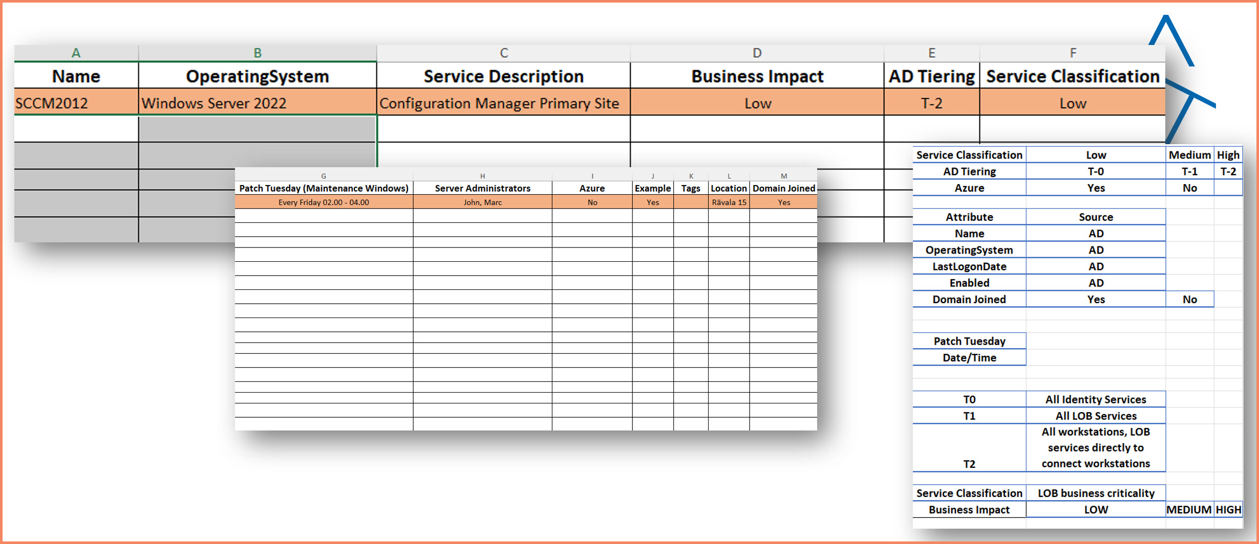 Excel spreadsheet showing Arc server classification with security tiers, applications, and current management tools