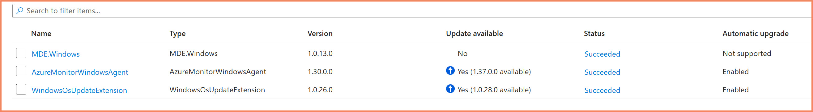 Azure portal showing installed extensions on Arc-enabled server with status and version information