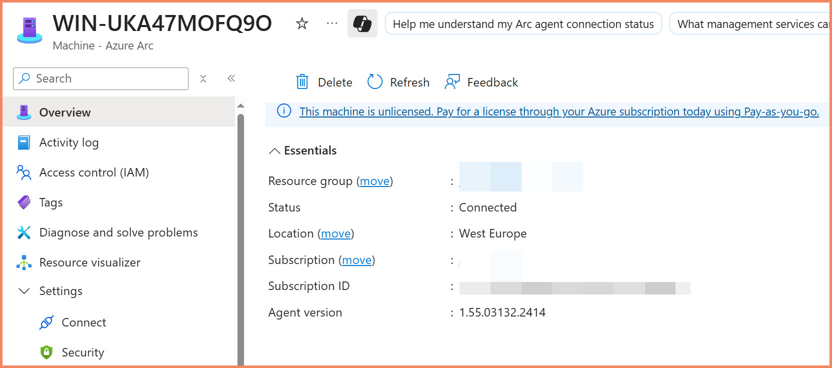 Azure portal showing successfully onboarded Arc server with Connected status