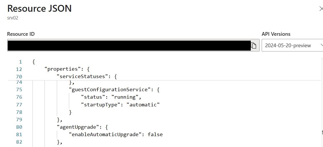 Azure Arc agent auto upgrade configuration in Azure portal JSON view showing automatic upgrade settings