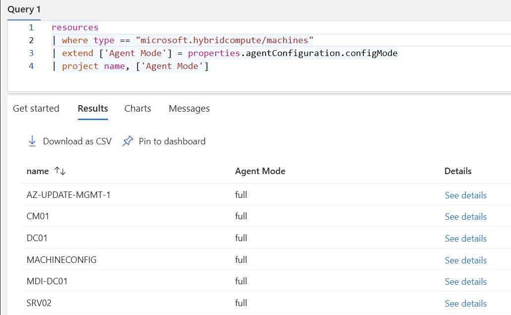 Azure Resource Graph Explorer showing Arc server configuration mode query results
