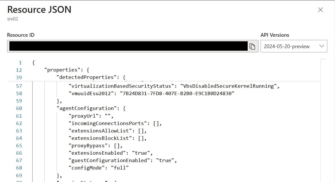 Azure portal JSON view showing Arc server security mode configuration