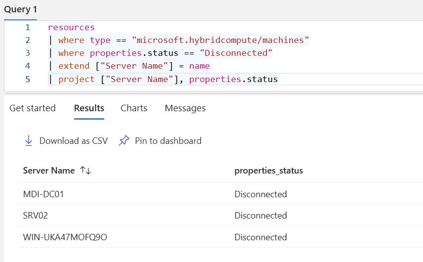 Azure Resource Graph query results showing disconnected Arc servers with last contact timestamps