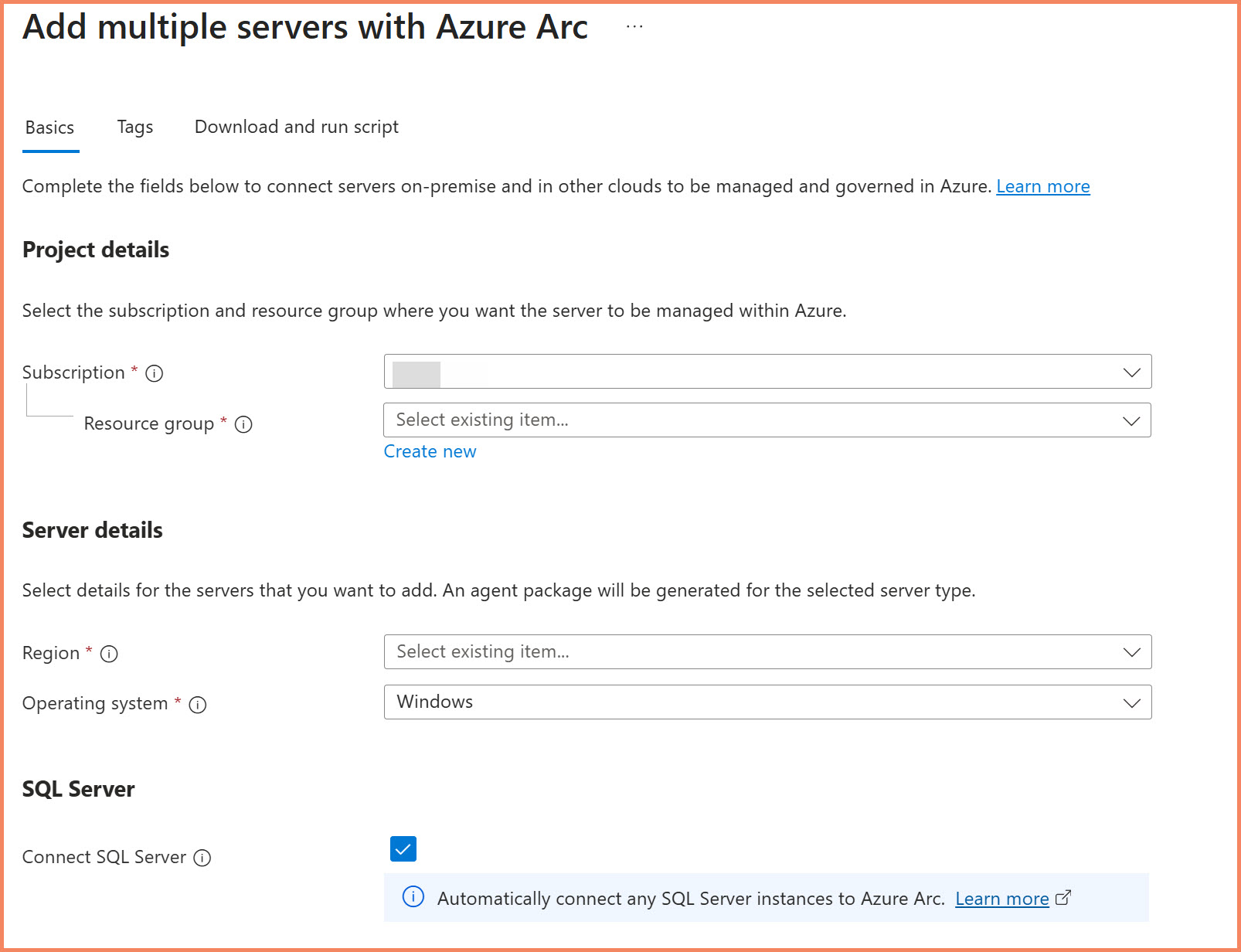 Azure portal showing Arc server onboarding script generation interface