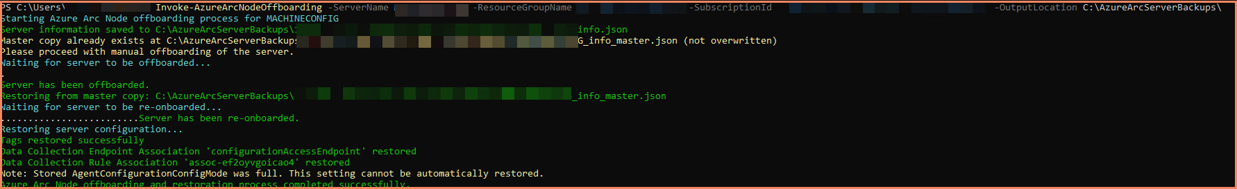 Azure Arc Re-Onboarding Assistant workflow showing backup creation, manual offboarding, and configuration restoration process
