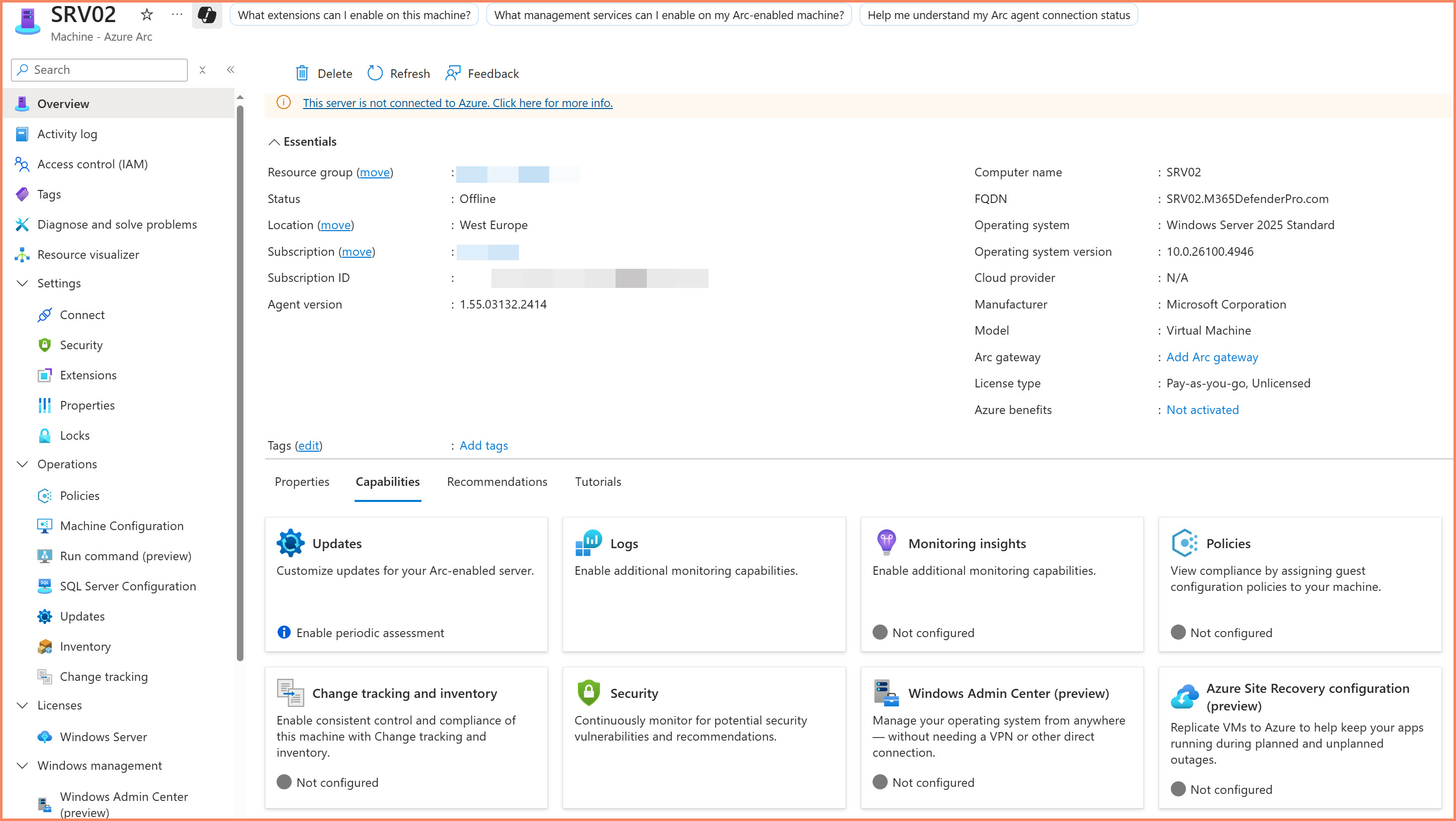 Azure Arc-enabled server appearing in Azure portal alongside native Azure VMs