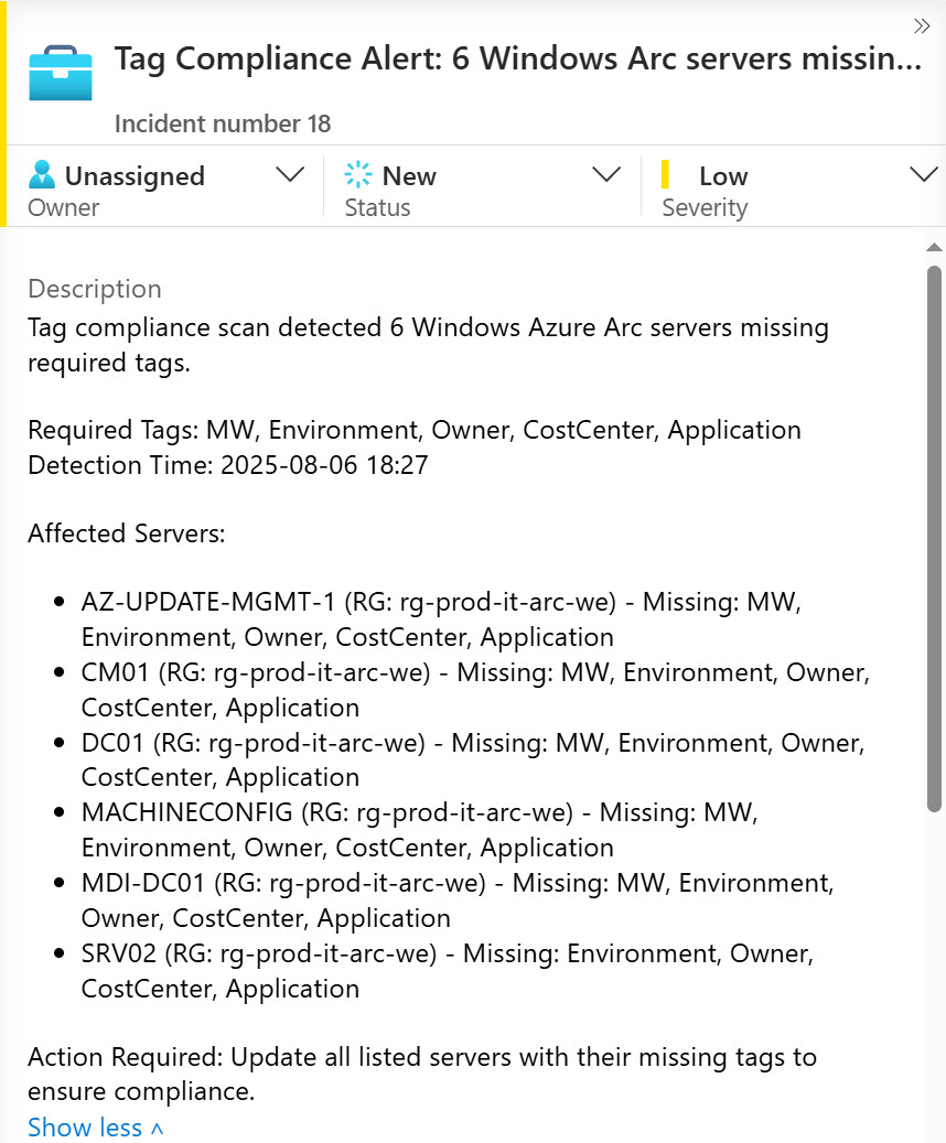 Microsoft Sentinel incident created by Azure Arc tag validation showing 6 Windows servers missing required operational tags