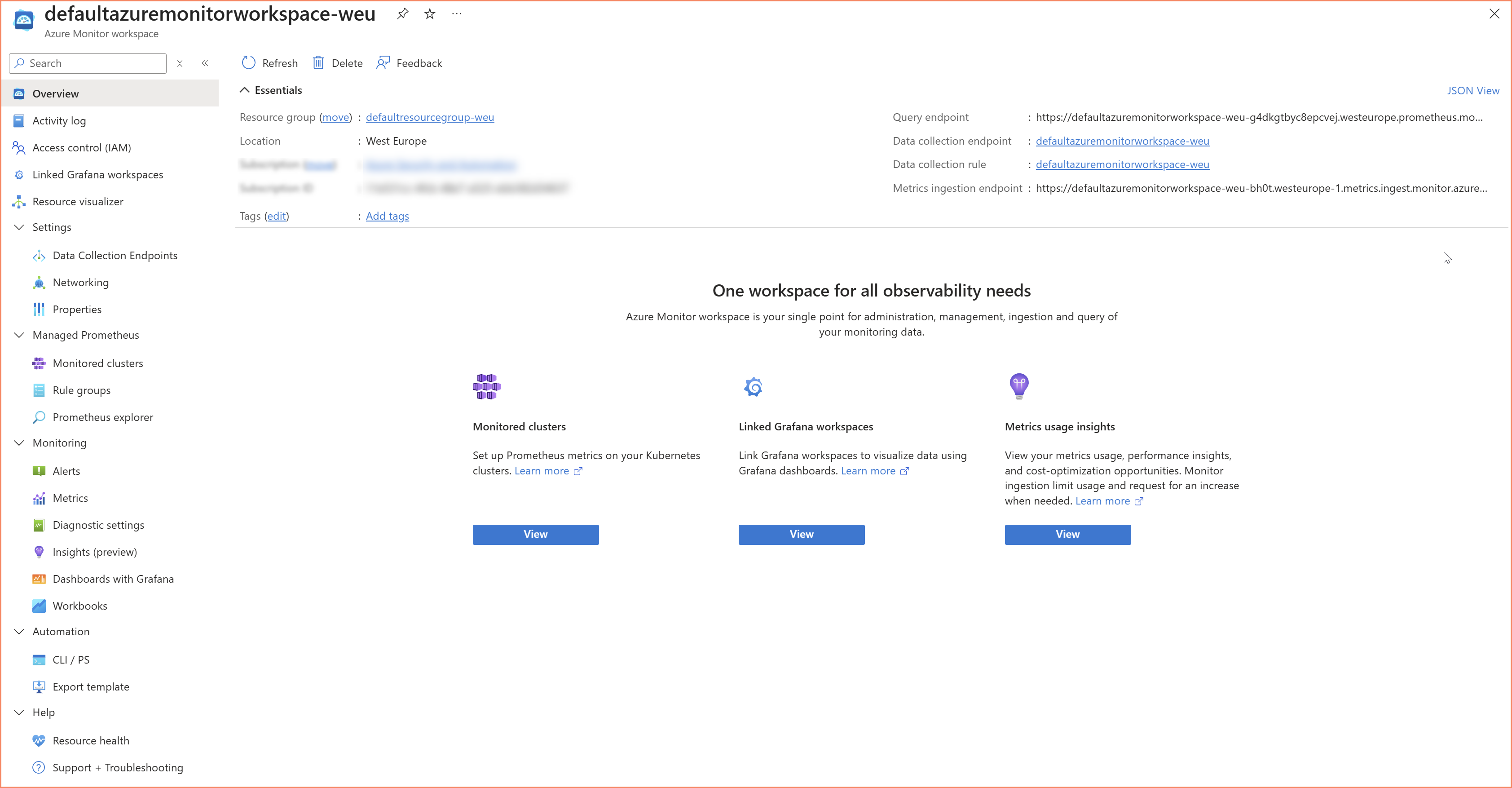 Azure Monitor Workspace overview in Azure portal showing workspace properties, linked Grafana instances, and auto-created managed resources