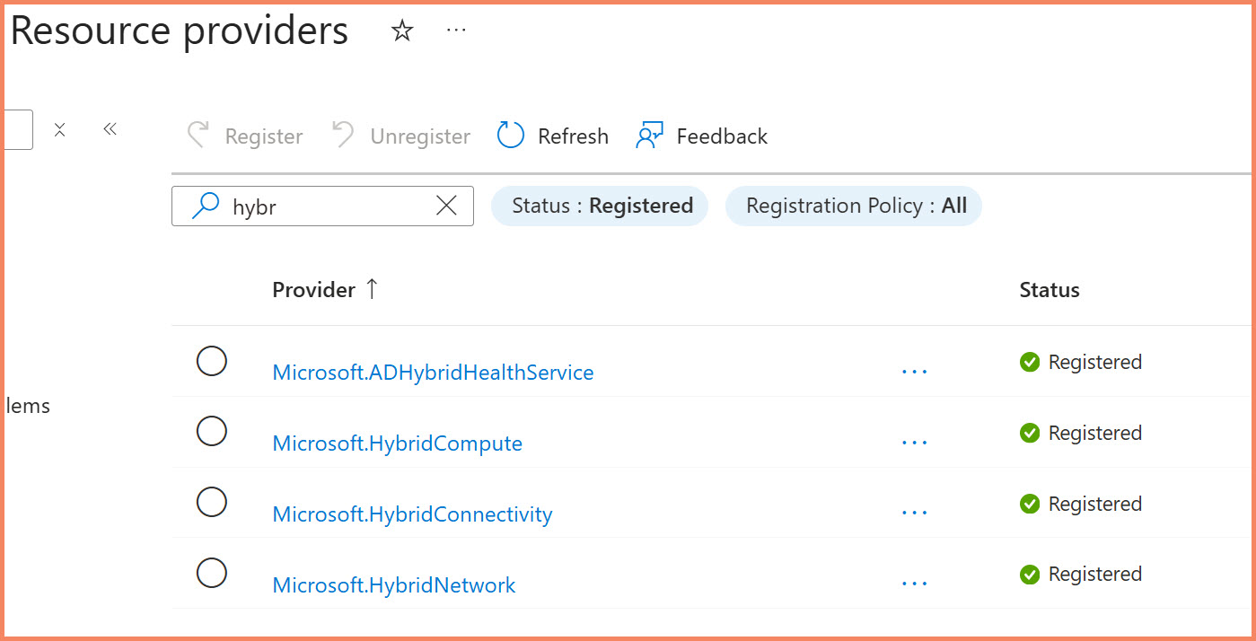 Azure portal showing resource provider registration status for Arc services