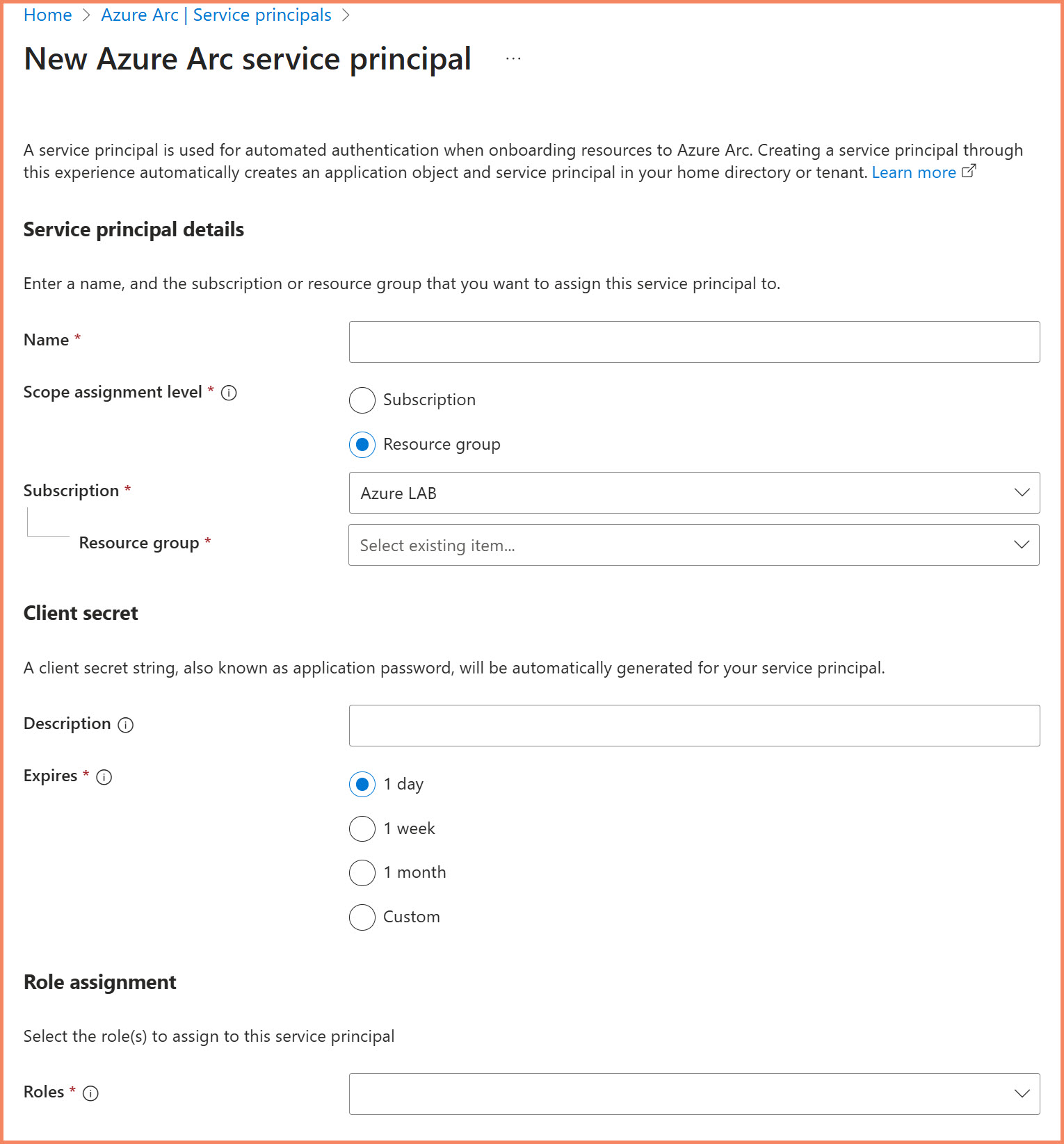 Azure portal showing service principal creation for Arc onboarding with proper RBAC assignment
