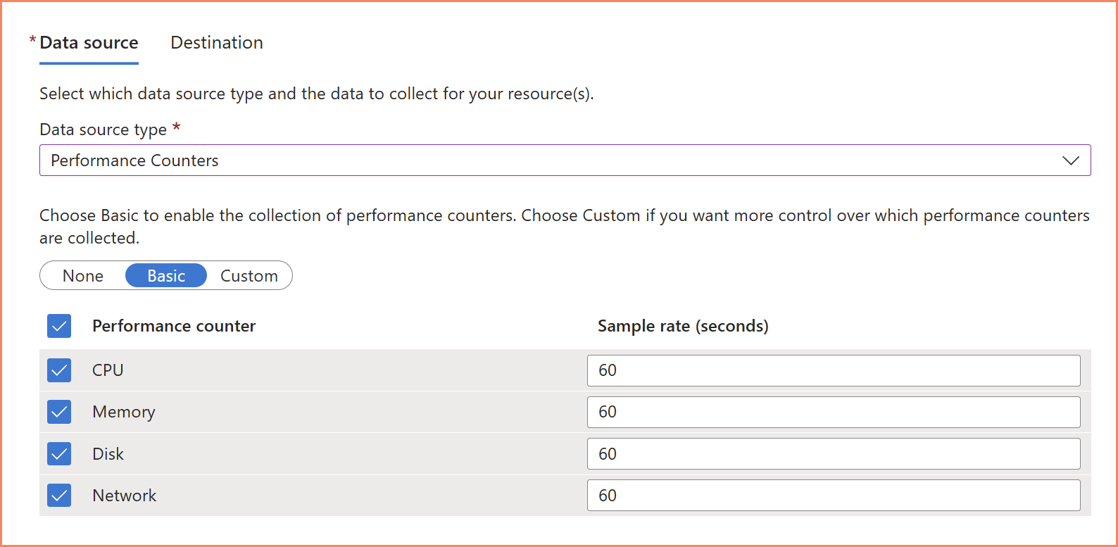 Custom performance DCR counter selection in Azure portal showing available Windows performance counters and sampling interval