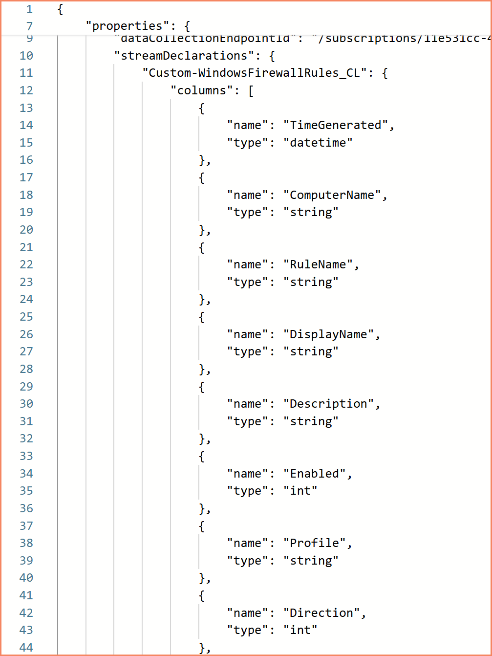 Custom table DCR in Azure portal showing stream declarations with column definitions and linked Data Collection Endpoint