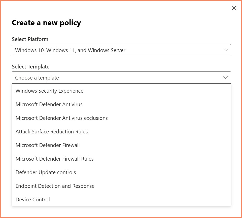 Policy template selection in Defender XDR portal showing all available Windows security templates