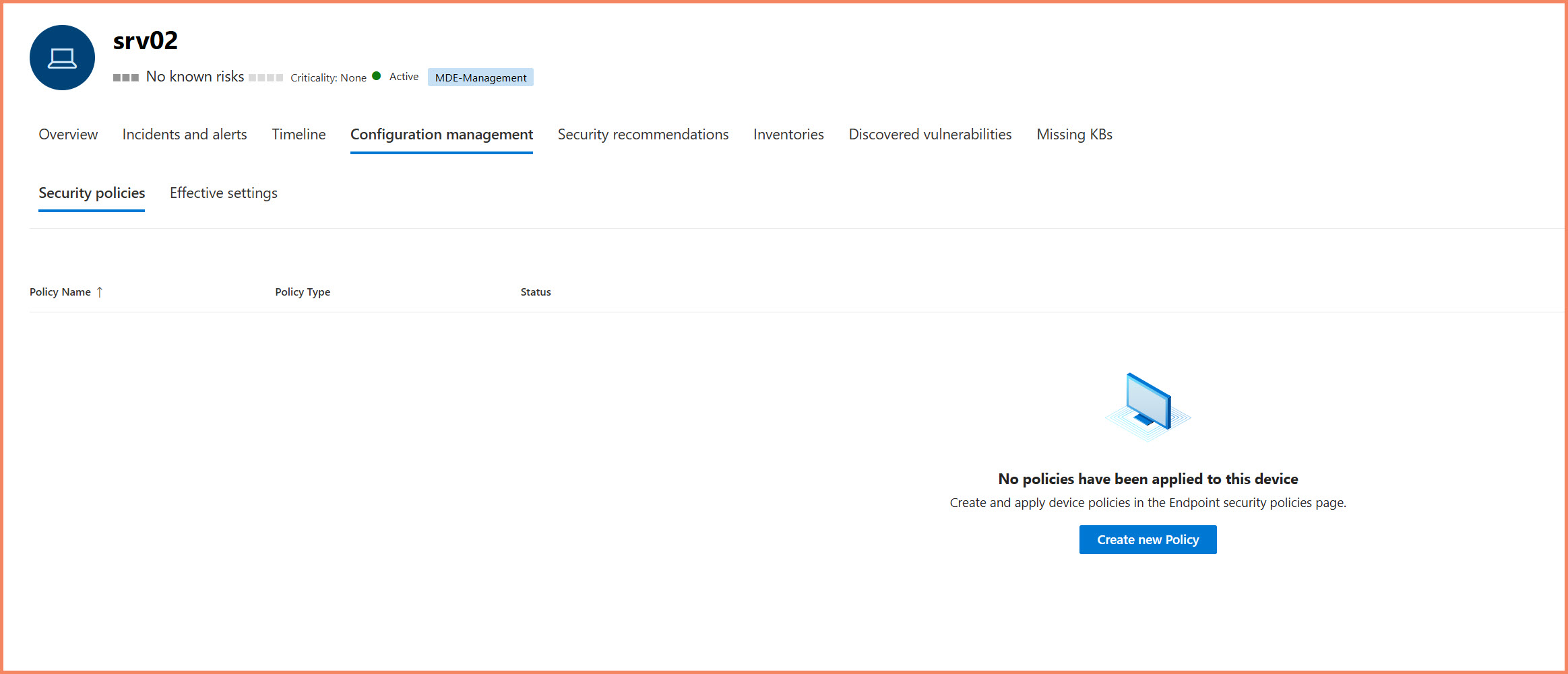 Device Configuration management page showing No policies have been applied to this device message