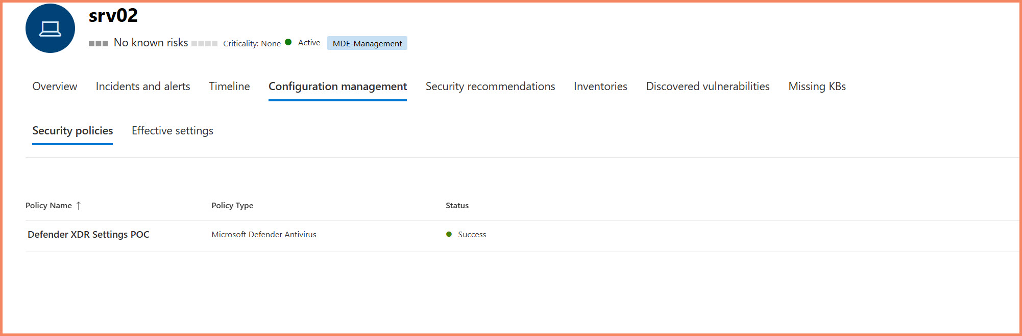 Device Security policies tab showing Defender XDR Settings POC policy with Success status