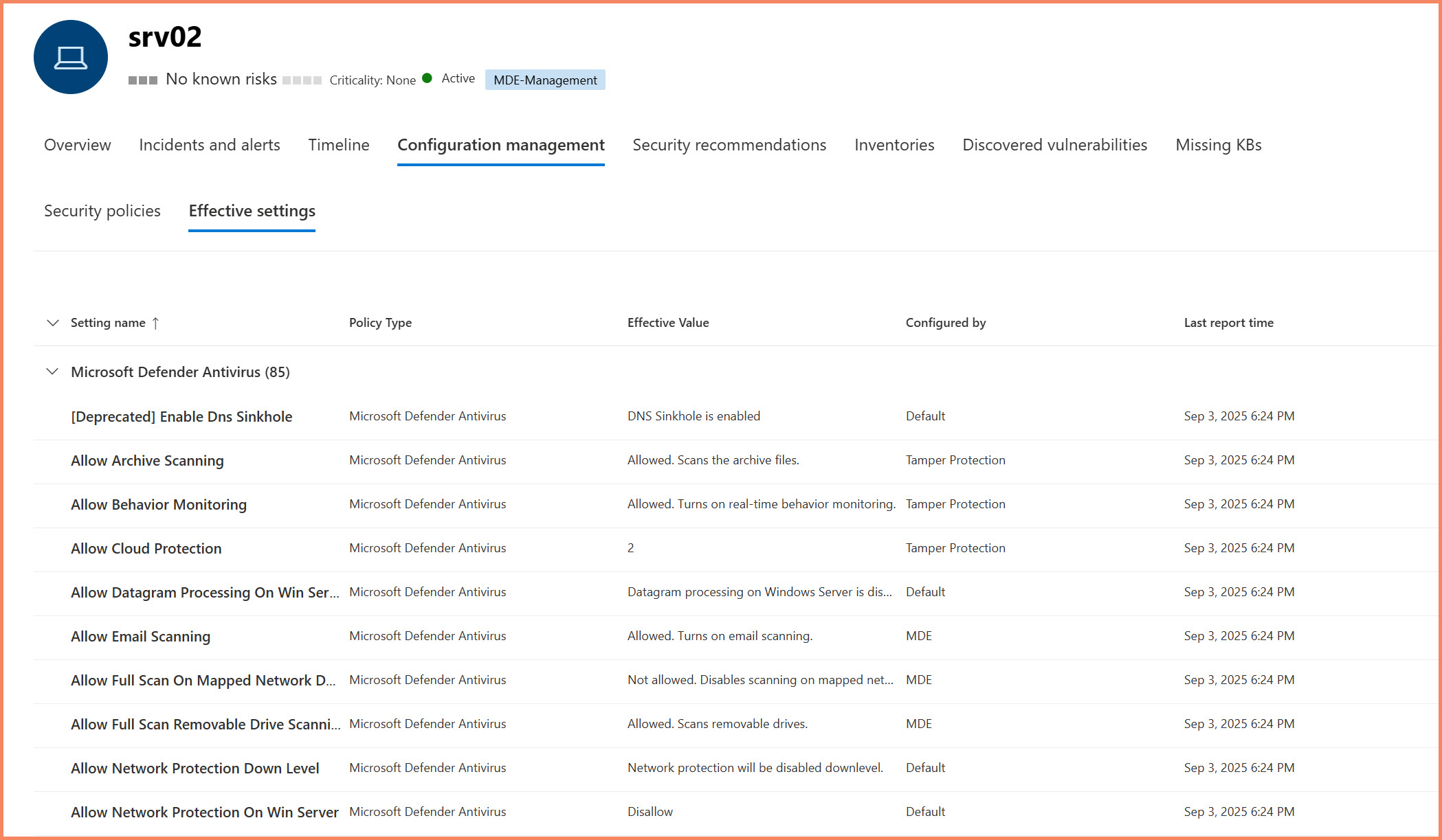 Defender portal showing Effective Settings tab with configuration sources