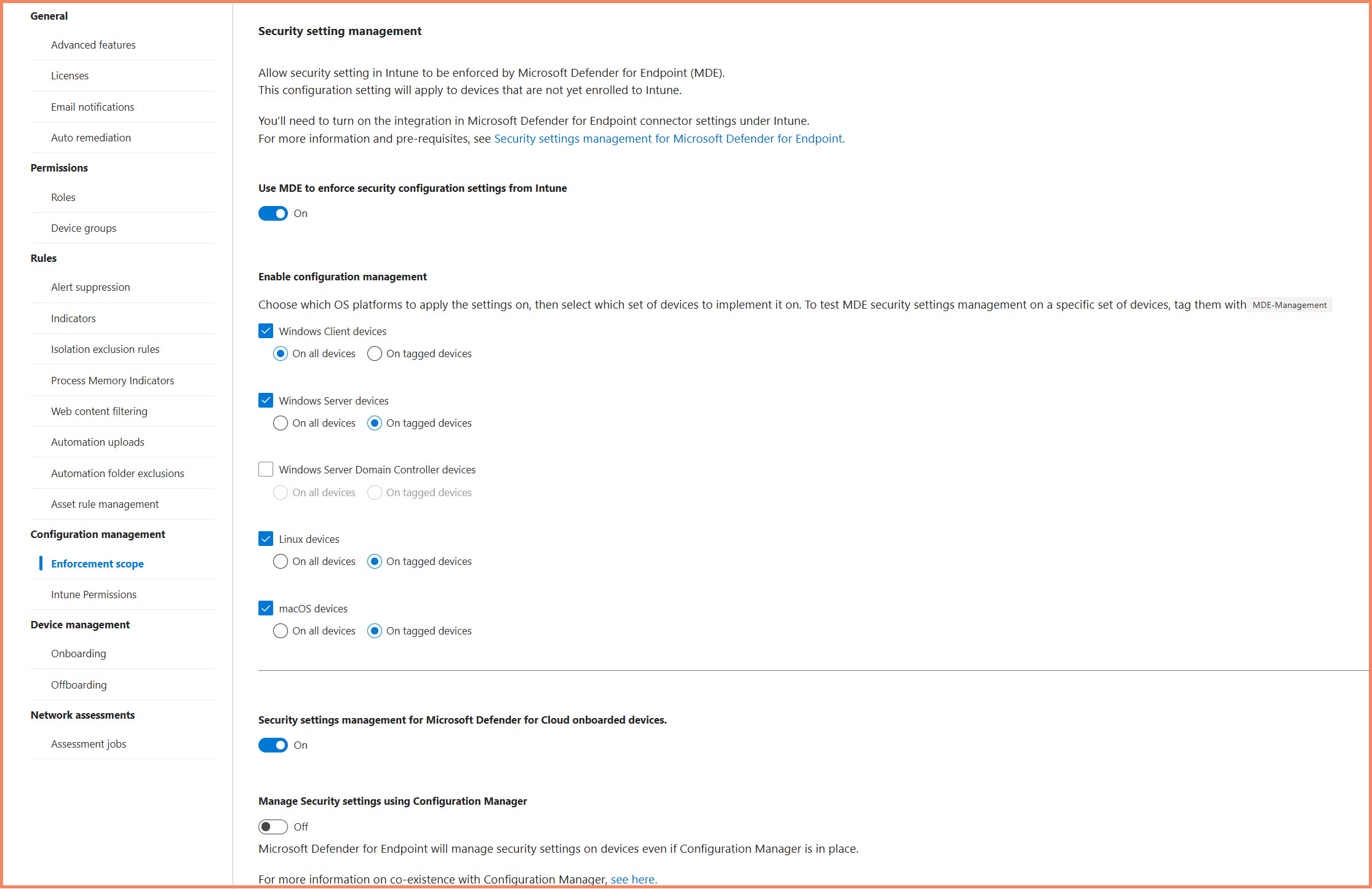 Enforcement scope settings showing platform selection and tagging options