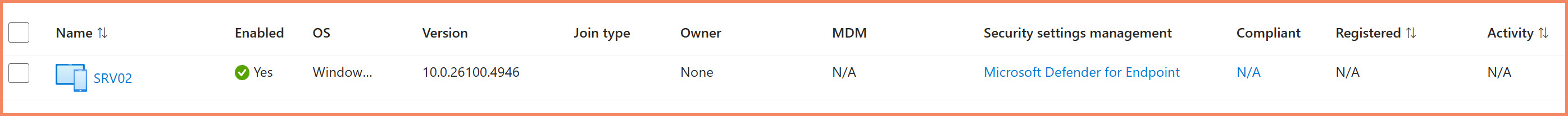 Entra ID devices portal showing synthetic device managed by Microsoft Defender for Endpoint