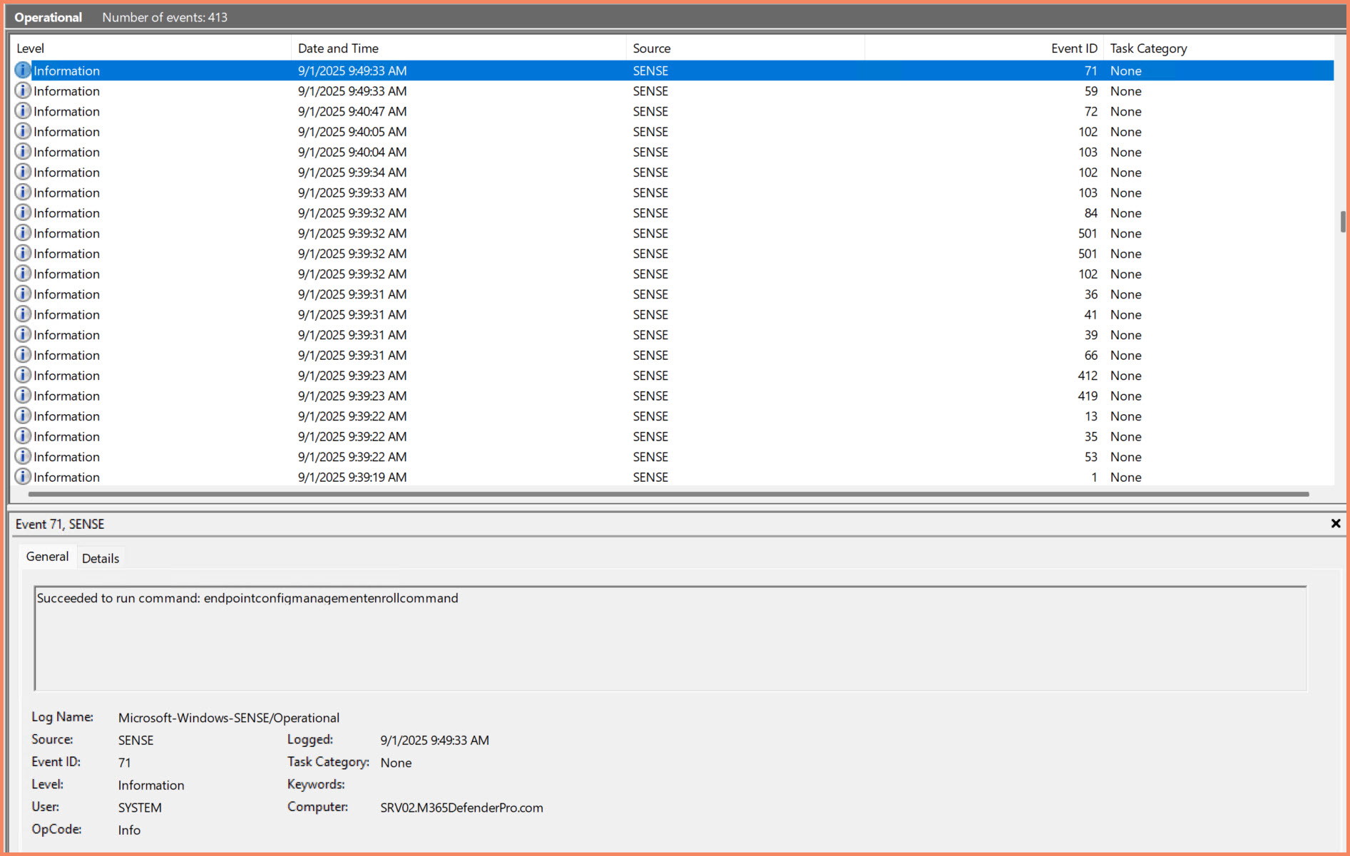 Event log showing successful Settings Management enrollment