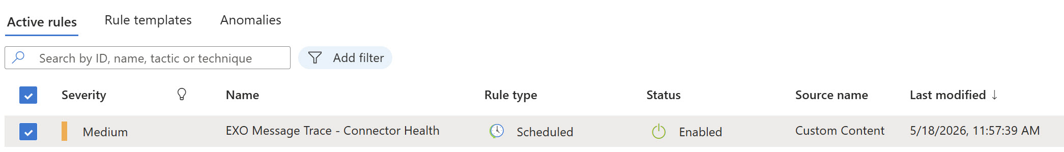 Sentinel analytics rule for Exchange Online message trace connector health