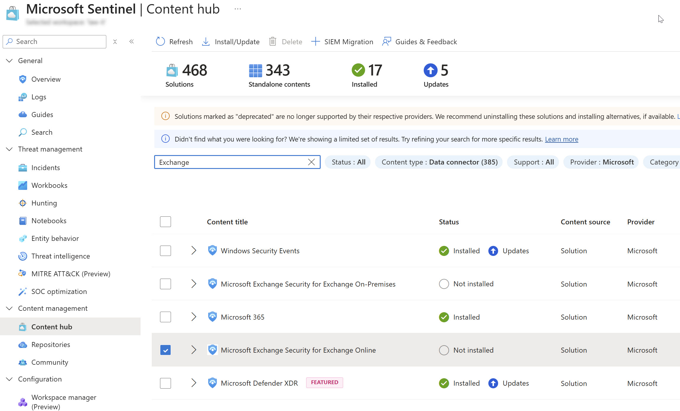 Microsoft Sentinel Content hub with no Exchange Online message trace connector