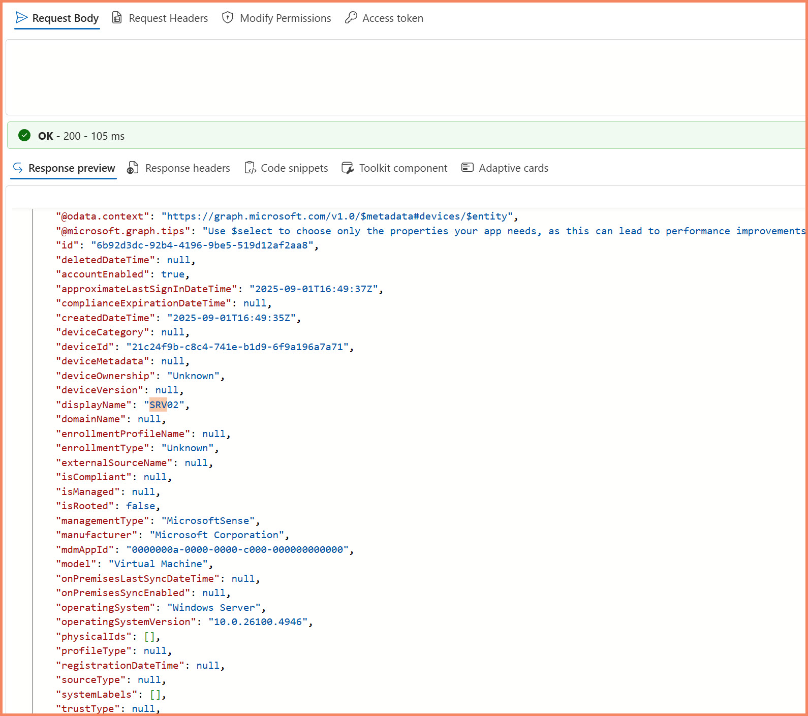 Graph Explorer showing device object JSON response with managementType MicrosoftSense highlighted