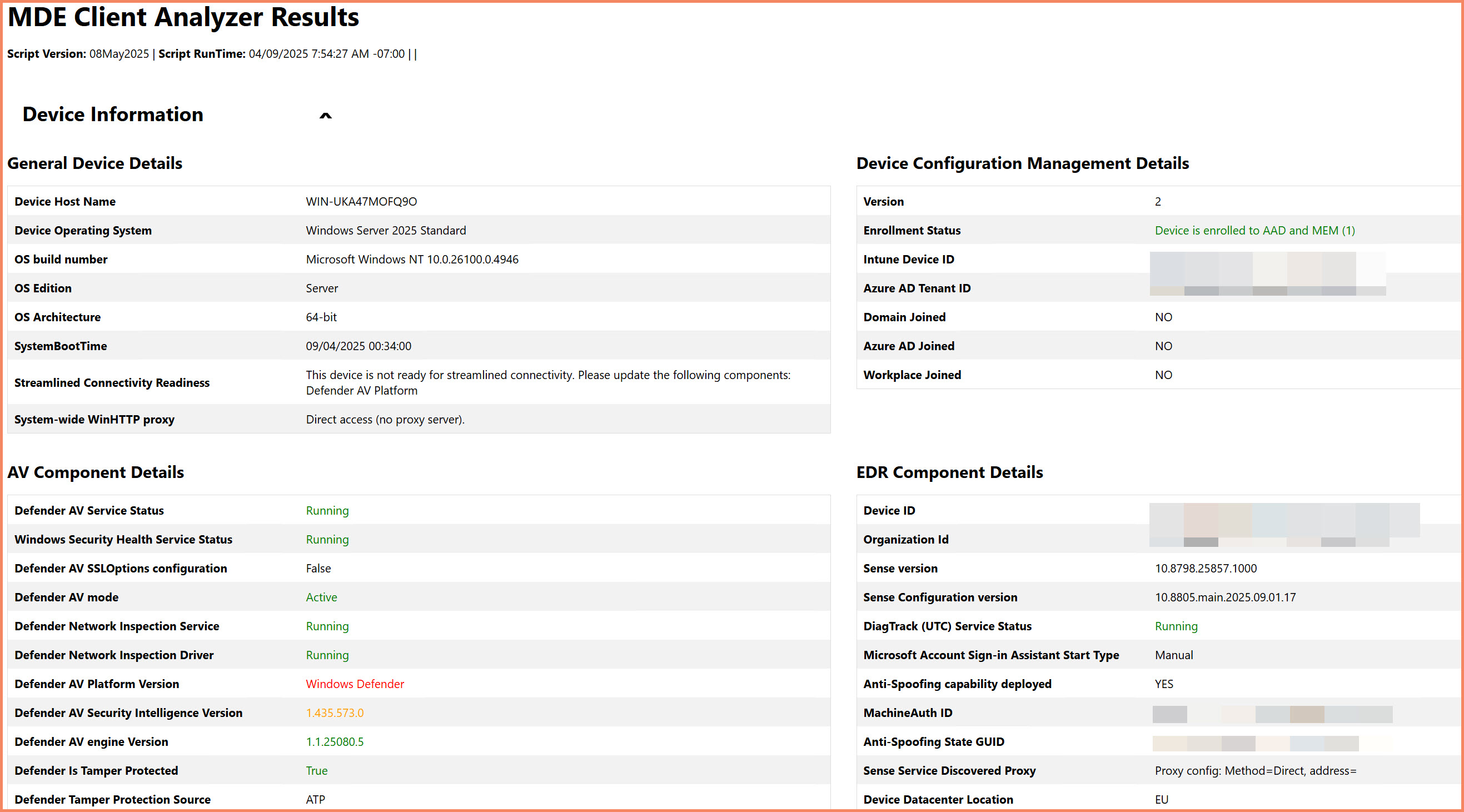 MDE Client Analyzer showing comprehensive device details including enrollment status, connectivity, and configuration settings