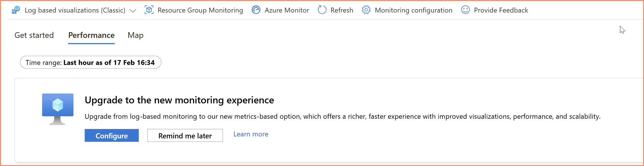 VM Insights classic enable experience showing configuration options and the prominent Upgrade to new monitoring experience banner