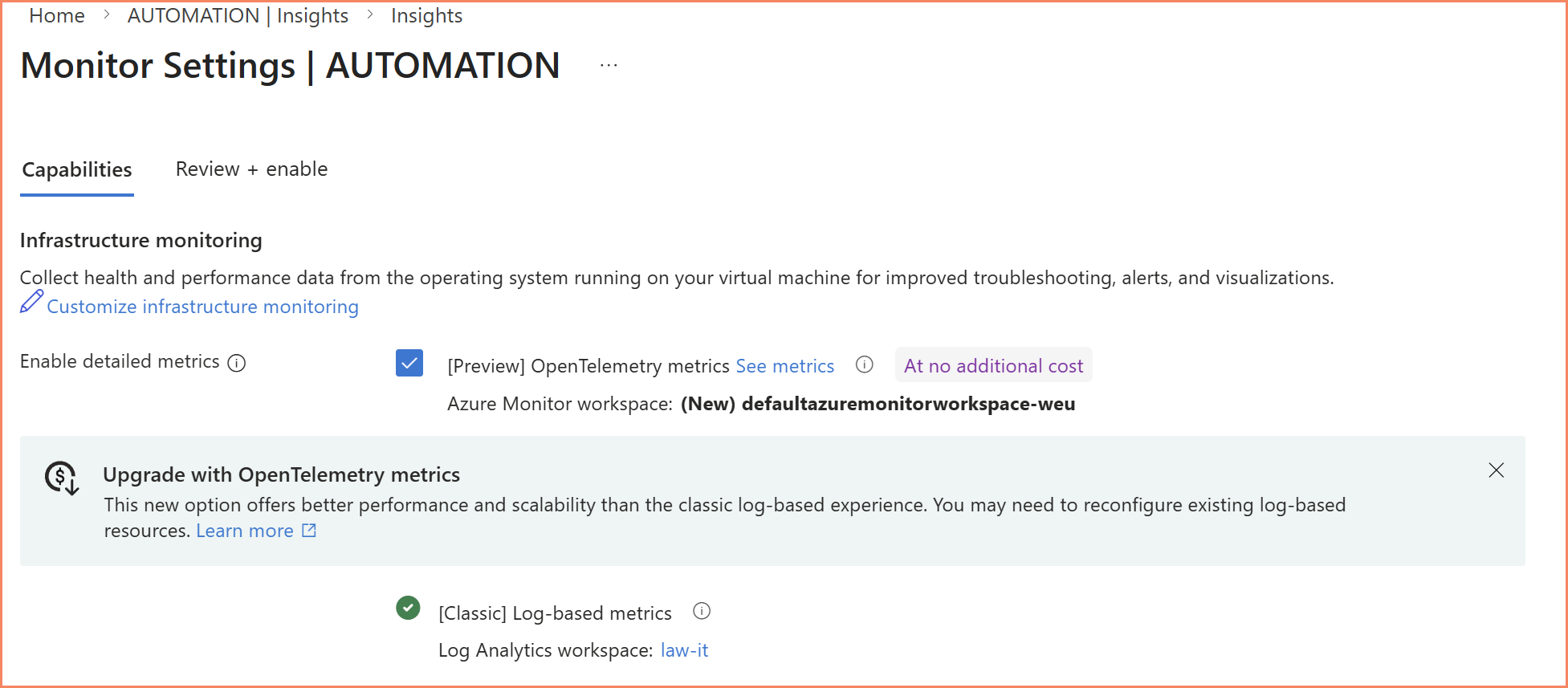 VM Insights OpenTelemetry enable experience showing Azure Monitor Workspace selection and OTel metrics options