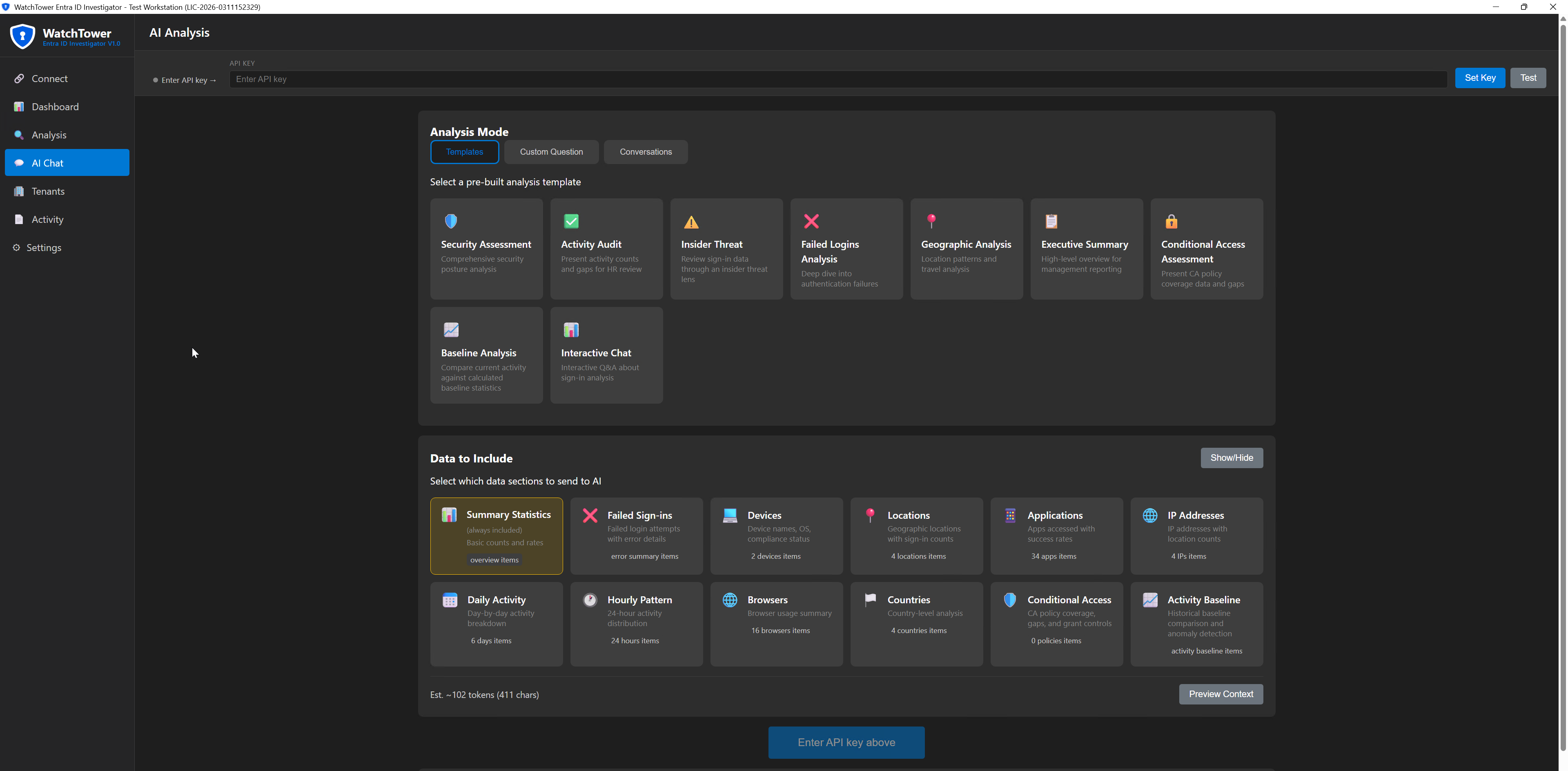 AI analysis interface with security templates and data section selection