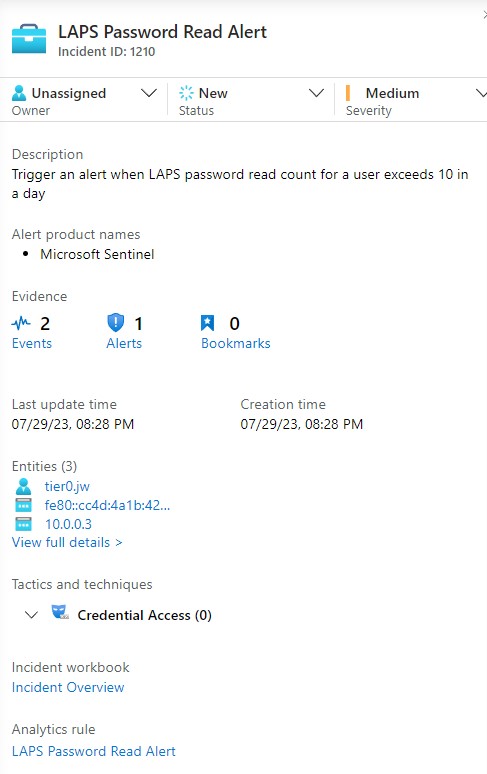 LAPS Password Read Alert showing detailed incident information and user identification